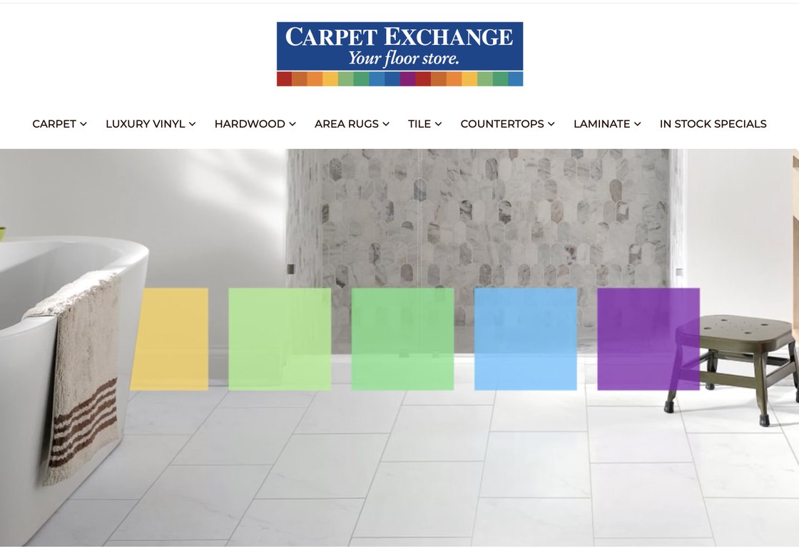 The Carpet Exchange storefront — homepage with the full category navigation and hero