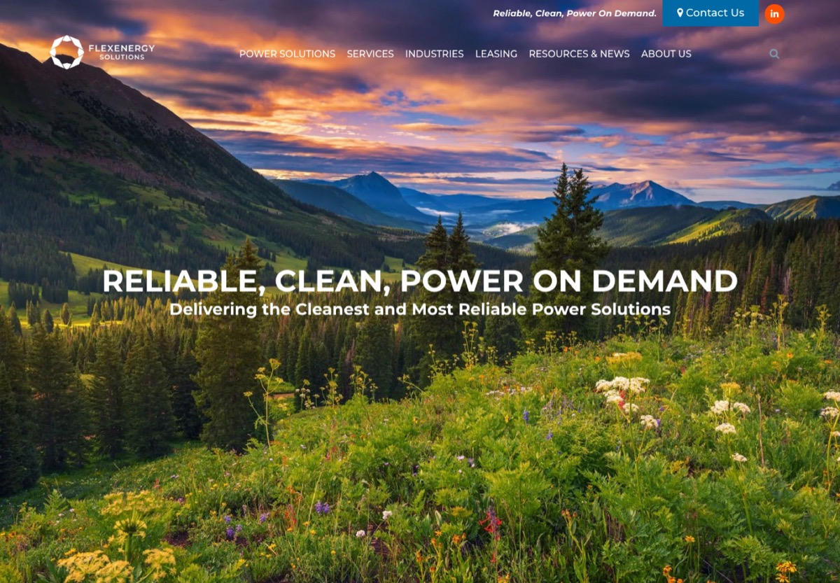 The FlexEnergy Solutions homepage — a full-bleed Colorado mountain hero over the tagline Reliable, Clean, Power On Demand