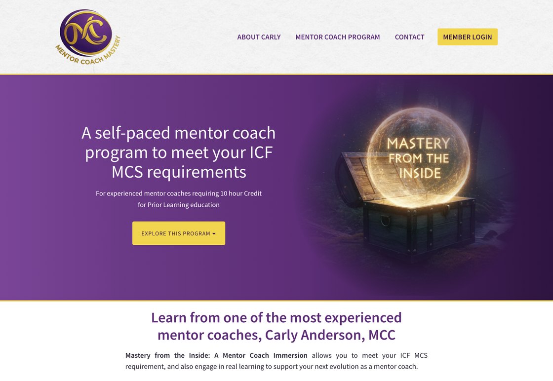 The Mentor Coach Mastery homepage — program hero and member login